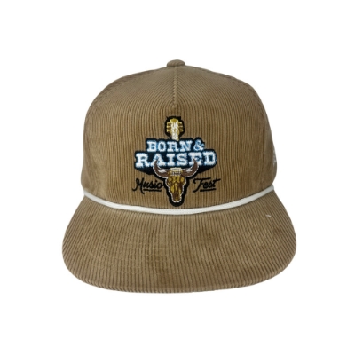 Front view of tan Hooey Corduroy Cap with Born & Raised Music Fest embroidery