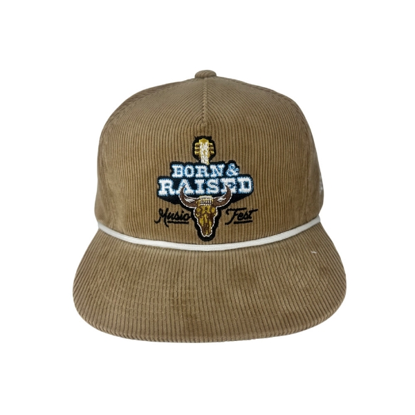 Front view of tan Hooey Corduroy Cap with Born & Raised Music Fest embroidery
