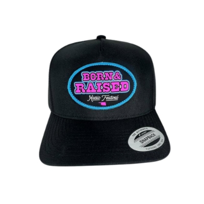 Front view of black Hooey Trucker Cap with Born & Raised Music Festival patch in pink and turquoise