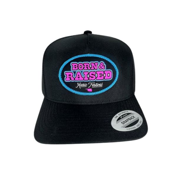 Front view of black Hooey Trucker Cap with Born & Raised Music Festival patch in pink and turquoise