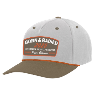 Front view of Born & Raised 2025 Tan Patch Hat with two-tone panel design and Pryor, Oklahoma patch
