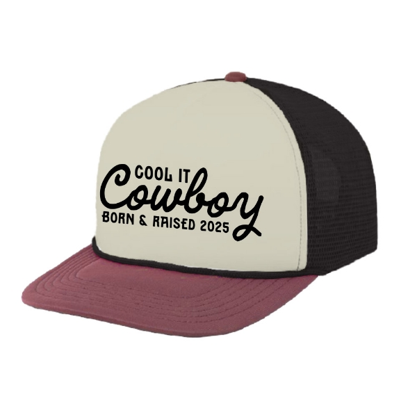 Front view of Born & Raised Cowboy Hat with “Cool It Cowboy” text on cream panel, burgundy brim, and black mesh back