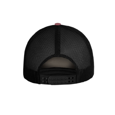 Front view of Born & Raised Cowboy Hat with “Cool It Cowboy” text on cream panel, burgundy brim, and black mesh back