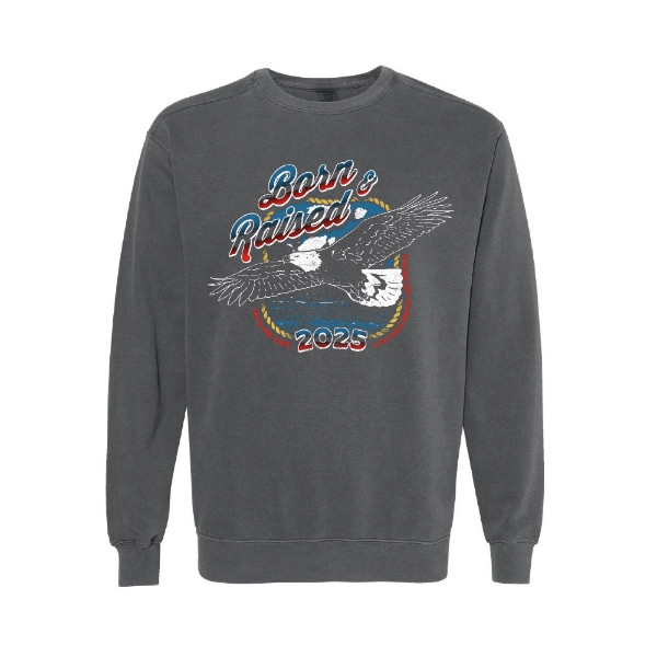 Born & Raised Eagle Crew sweatshirt with eagle graphic and red, white, and blue festival logo
