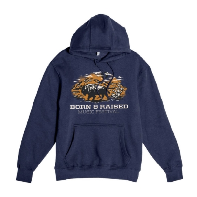 Front view of Born & Raised Buffalo Hoodie with sunset desert buffalo graphic and festival logo