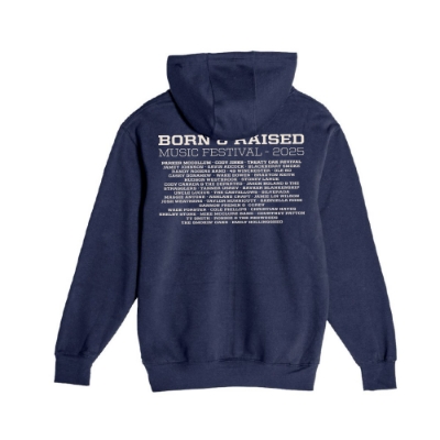 Front view of Born & Raised Buffalo Hoodie with sunset desert buffalo graphic and festival logo