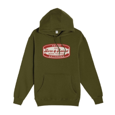Front view of Born & Raised Patch Hoodie in olive with red festival patch graphic