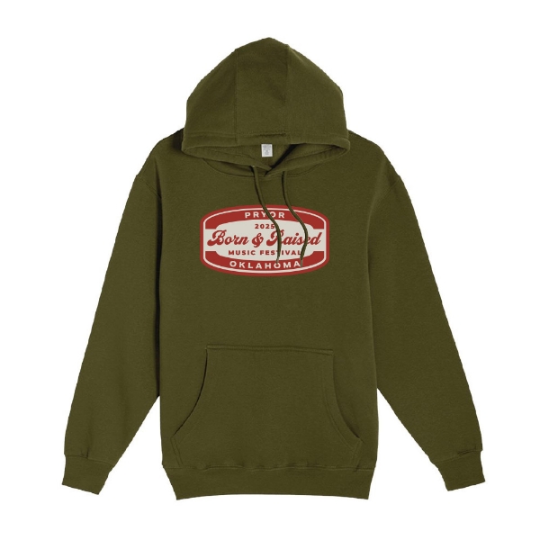 Front view of Born & Raised Patch Hoodie in olive with red festival patch graphic