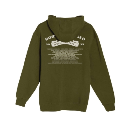 Front view of Born & Raised Patch Hoodie in olive with red festival patch graphic