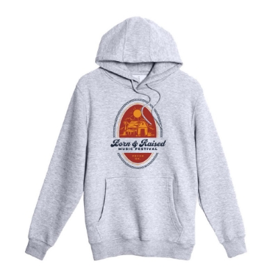 Front view of Born & Raised Beer Label Hoodie with vintage barn logo in red and gold on heather gray fabric