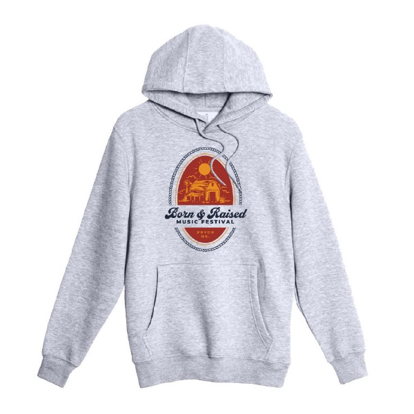 Front view of Born & Raised Beer Label Hoodie with vintage barn logo in red and gold on heather gray fabric