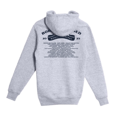 Front view of Born & Raised Beer Label Hoodie with vintage barn logo in red and gold on heather gray fabric