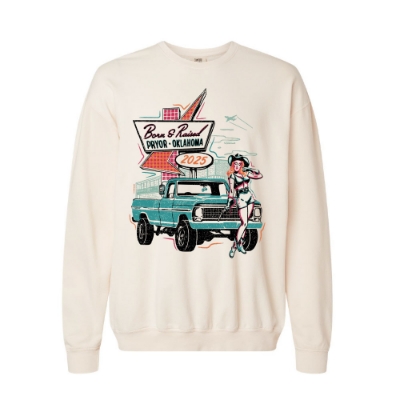 Front view of Born & Raised Sign Crewneck with pin-up girl, pickup truck, and retro neon-style sign graphic