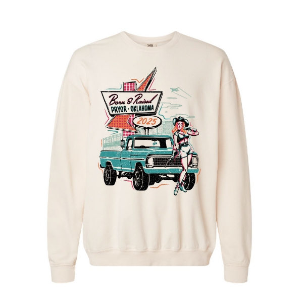 Front view of Born & Raised Sign Crewneck with pin-up girl, pickup truck, and retro neon-style sign graphic