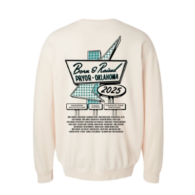 Front view of Born & Raised Sign Crewneck with pin-up girl, pickup truck, and retro neon-style sign graphic