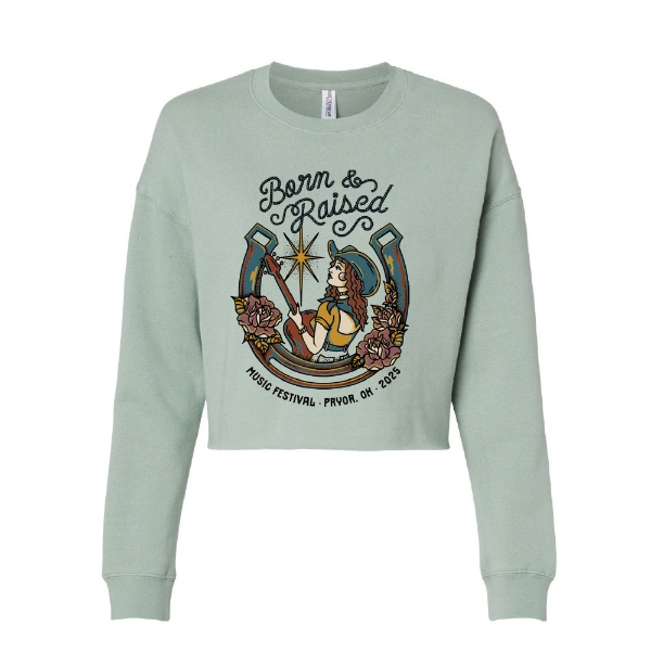 Front view of Born & Raised Crop Crewneck in sage with cowgirl and horseshoe graphic and 2025 festival logo