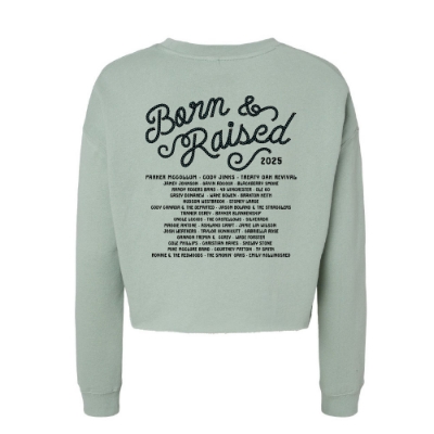 Front view of Born & Raised Crop Crewneck in sage with cowgirl and horseshoe graphic and 2025 festival logo