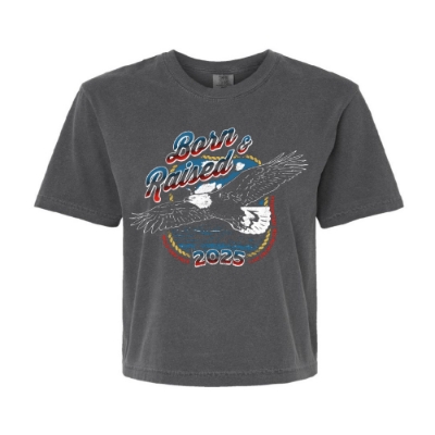 Front view of Born & Raised Eagle Crop tee in washed black with red, white, and blue eagle graphic