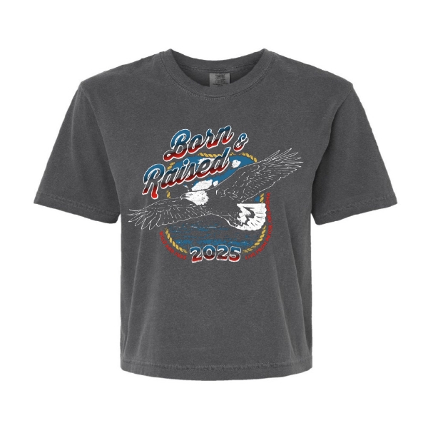 Front view of Born & Raised Eagle Crop tee in washed black with red, white, and blue eagle graphic