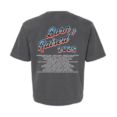 Front view of Born & Raised Eagle Crop tee in washed black with red, white, and blue eagle graphic