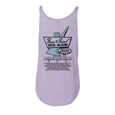 Lavender tank top with retro pin-up girl and truck graphic reading "Born & Raised Pryor Oklahoma 2025"