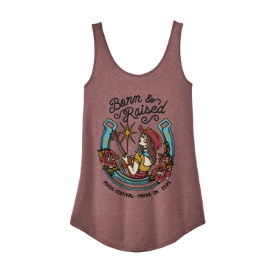 Mauve racerback tank with Born & Raised Music Festival 2025 cowgirl artwork on front