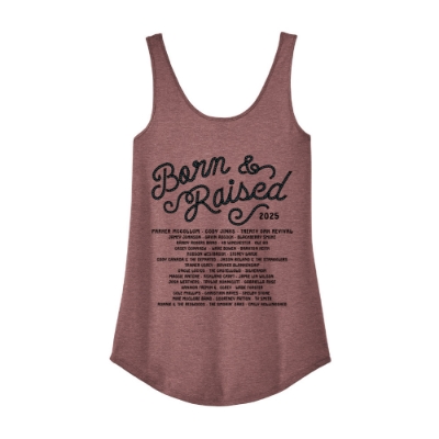 Mauve racerback tank with Born & Raised Music Festival 2025 cowgirl artwork on front