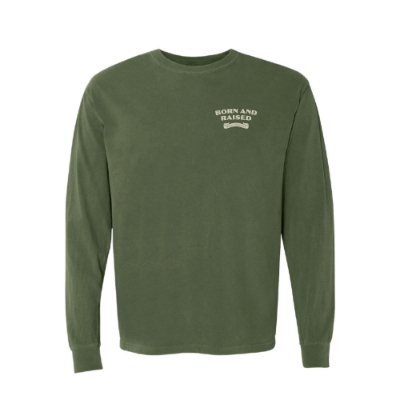 Front view of the Born & Raised Buck Long Sleeve Tee in military green with small left chest festival logo.