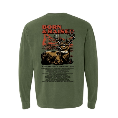 Front view of the Born & Raised Buck Long Sleeve Tee in military green with small left chest festival logo.