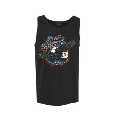 Black tank top featuring a flying eagle and Born & Raised 2025 logo in red, white, and blue