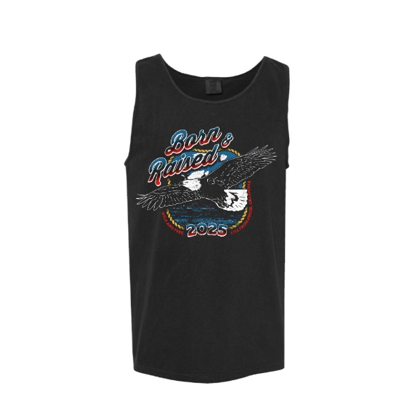 Black tank top featuring a flying eagle and Born & Raised 2025 logo in red, white, and blue