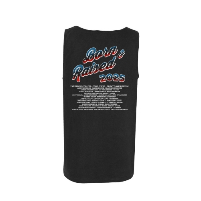 Black tank top featuring a flying eagle and Born & Raised 2025 logo in red, white, and blue