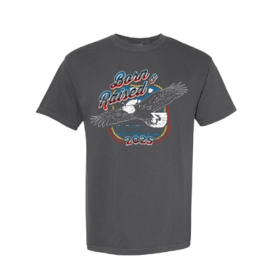 Born & Raised Eagle graphic tee in pepper with 2025 festival design on front