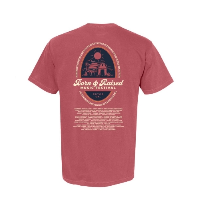 Front view of crimson Born & Raised 2025 pocket t-shirt with small festival logo on chest