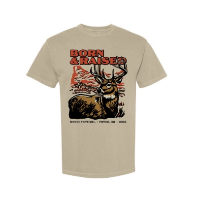 Front view of the 2025 Born & Raised Buck Tee featuring a bold deer illustration with red canyon backdrop and event details.