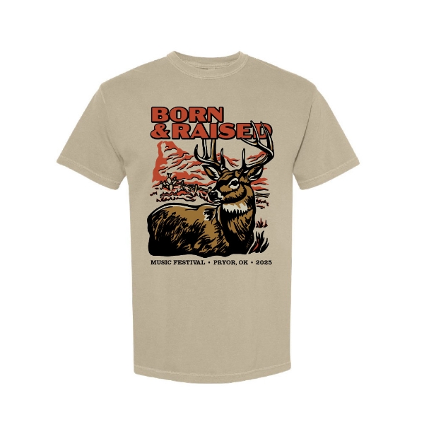 Front view of the 2025 Born & Raised Buck Tee featuring a bold deer illustration with red canyon backdrop and event details.