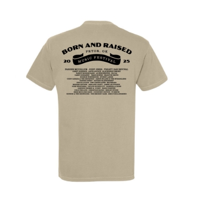 Front view of the 2025 Born & Raised Buck Tee featuring a bold deer illustration with red canyon backdrop and event details.