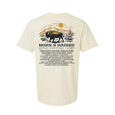 Front view of Born & Raised Buffalo Tee with chest patch on natural cotton fabric