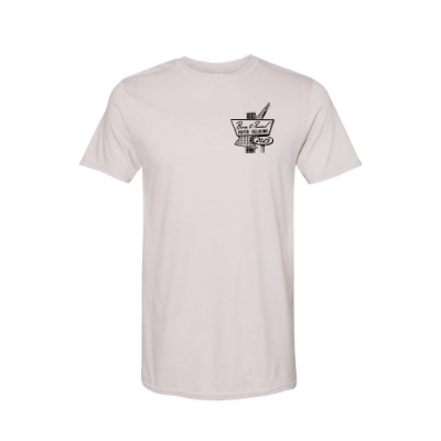 Born & Raised 2025 Neon Sign Pocket Tee front view with left chest logo on light beige cotton shirt.
