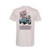 Back of Born & Raised 2025 Neon Sign Pocket Tee showing neon sign, teal pickup truck, and cowgirl graphic with lineup text
