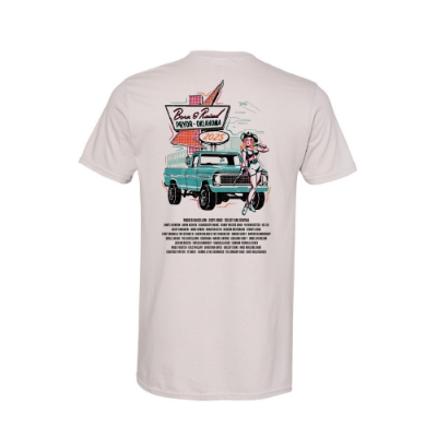 Born & Raised 2025 Neon Sign Pocket Tee front view with left chest logo on light beige cotton shirt.