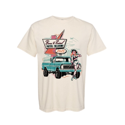 Born & Raised 2025 Neon Sign Tee front view with retro pin-up and truck graphic