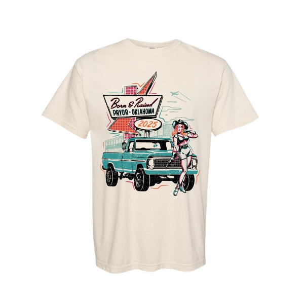 Born & Raised 2025 Neon Sign Tee front view with retro pin-up and truck graphic