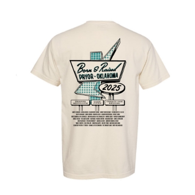 Born & Raised 2025 Neon Sign Tee front view with retro pin-up and truck graphic
