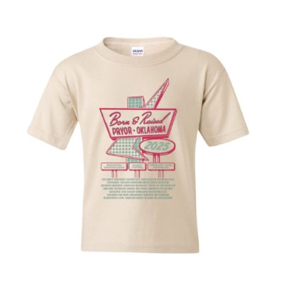Youth-sized natural tan t-shirt with Born & Raised 2025 neon sign graphic and artist lineup