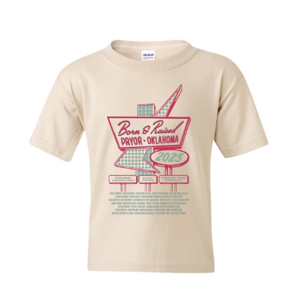 Youth-sized natural tan t-shirt with Born & Raised 2025 neon sign graphic and artist lineup