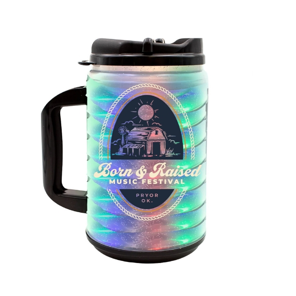 Born & Raised Music Festival flashing LED mug with sunset barn graphic and color-changing swirls