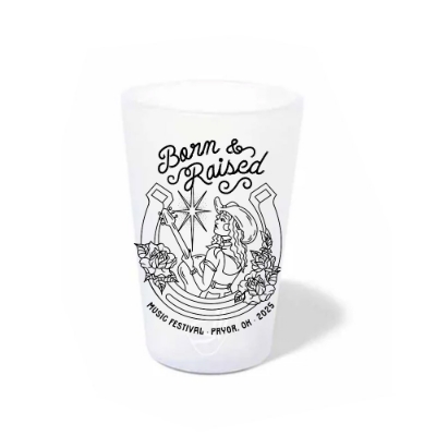 Born & Raised Music Festival 2025 silicone shot glass with cowgirl and horseshoe artwork