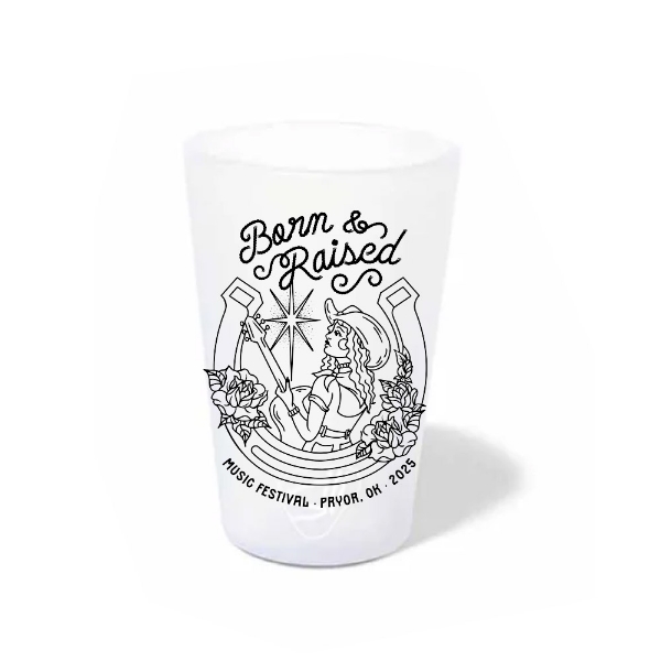 Born & Raised Music Festival 2025 silicone shot glass with cowgirl and horseshoe artwork