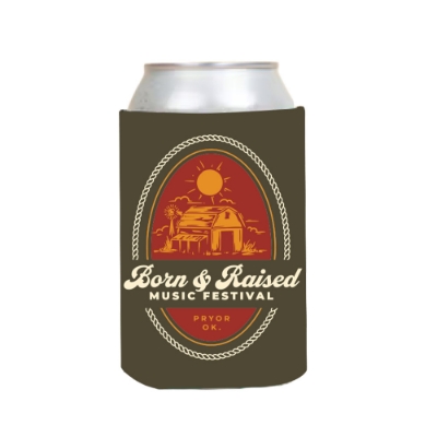Born & Raised Music Festival koozie with sunset barn graphic in red and brown